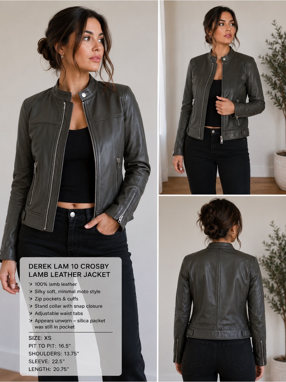 Derek Lam 10 Crosby 100% Lamb Leather Moto Jacket Gray XS‎ Luxury